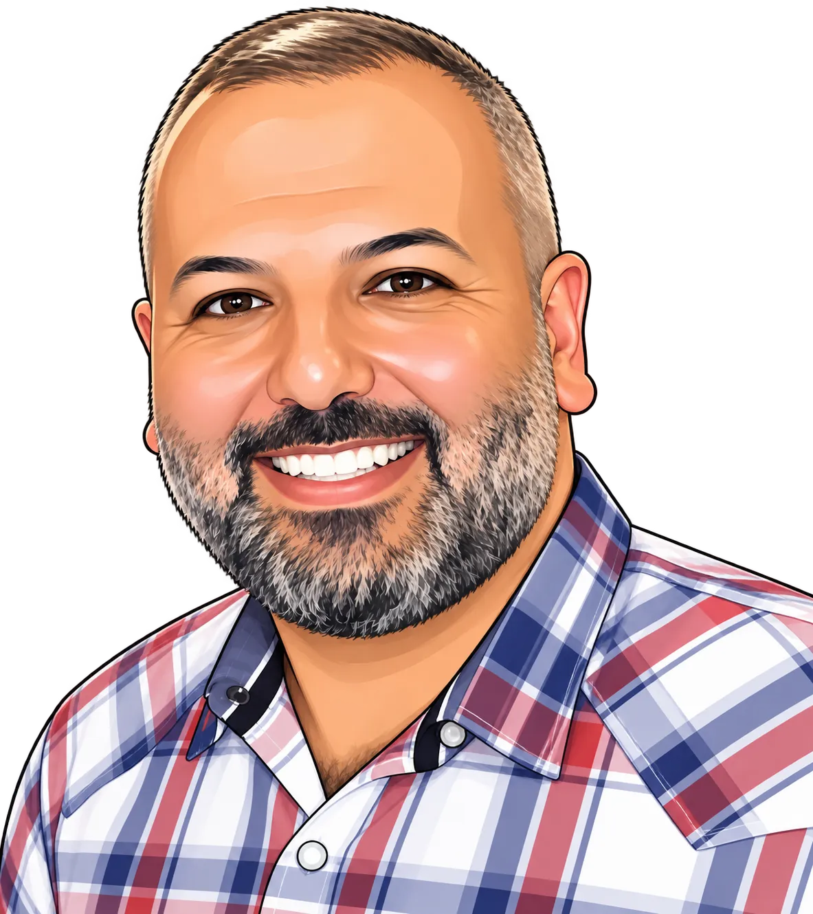 Illustrated portrait of Mena Yousef, smiling, in a plaid shirt